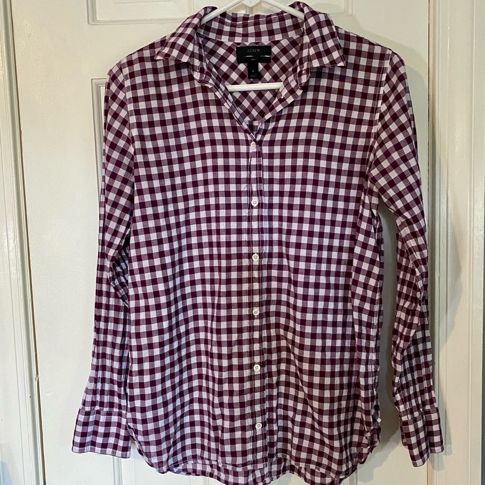 JCrew woman’s button down shirt, plum checks